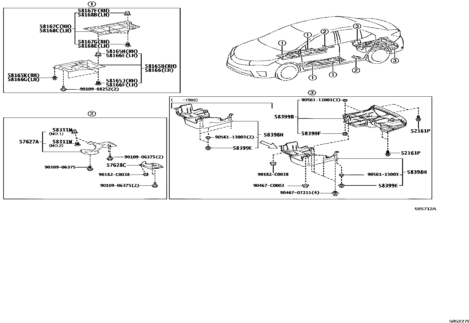 Toyota COROLLA 浅盘形地板和车身下背板 EPC diagram — 585712A