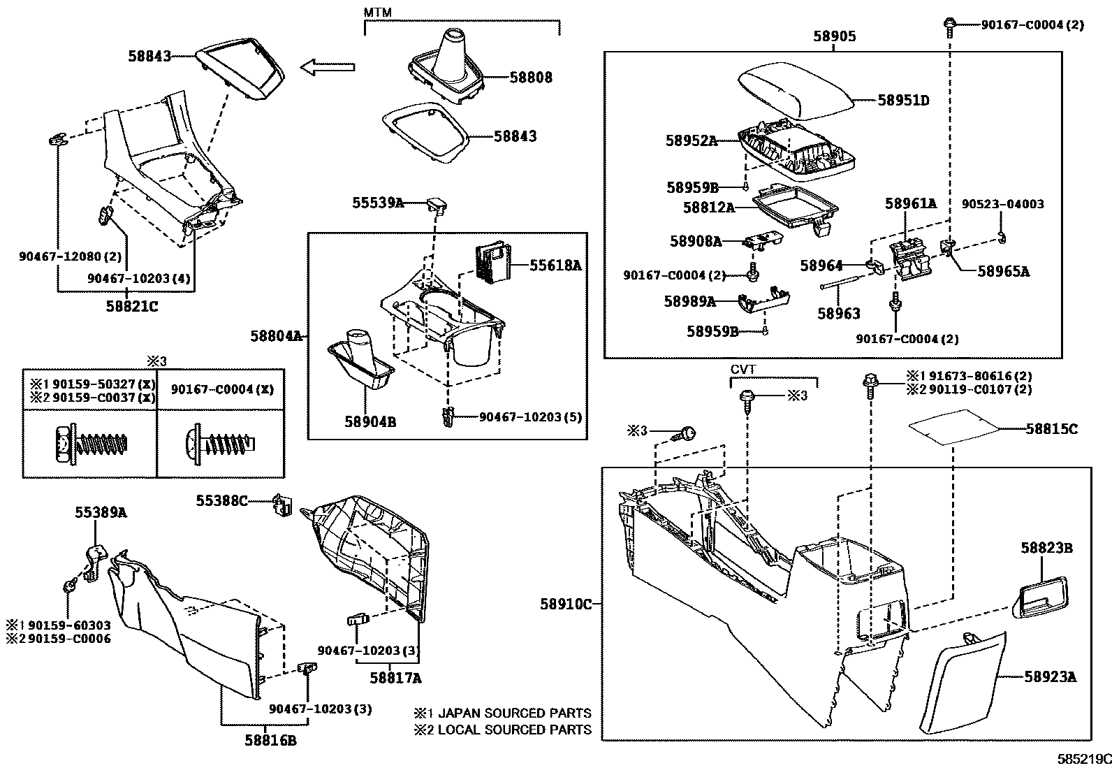 Toyota COROLLA 中央扶手箱和支架 EPC diagram — 585219C