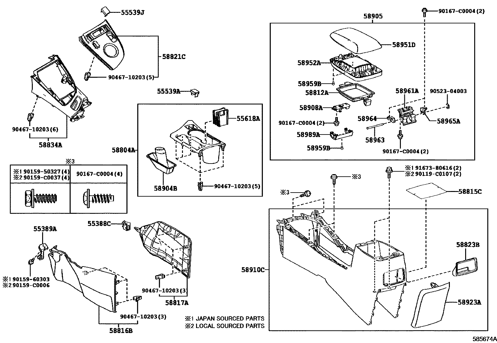 Toyota COROLLA 中央扶手箱和支架 EPC diagram — 585674A