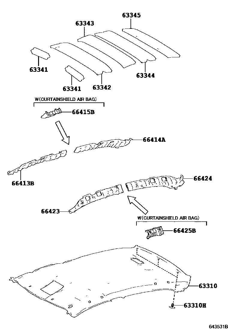 Toyota COROLLA 车顶内衬和消声垫 EPC diagram — 643531B