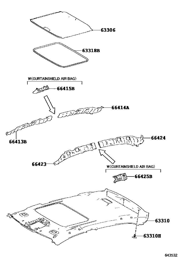 Toyota COROLLA 车顶内衬和消声垫 EPC diagram — 643532