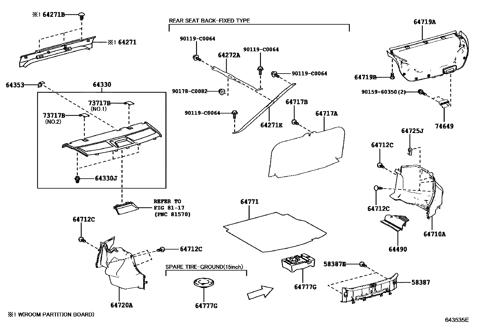 Toyota COROLLA 杂物箱板和行李箱垫 EPC diagram — 643535E