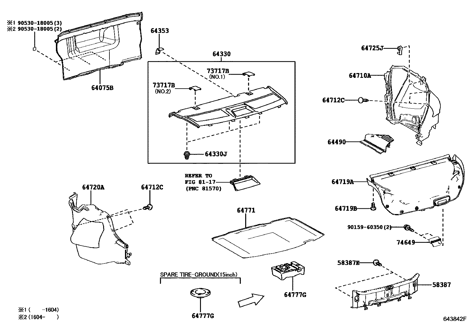 Toyota COROLLA 杂物箱板和行李箱垫 EPC diagram — 643842F