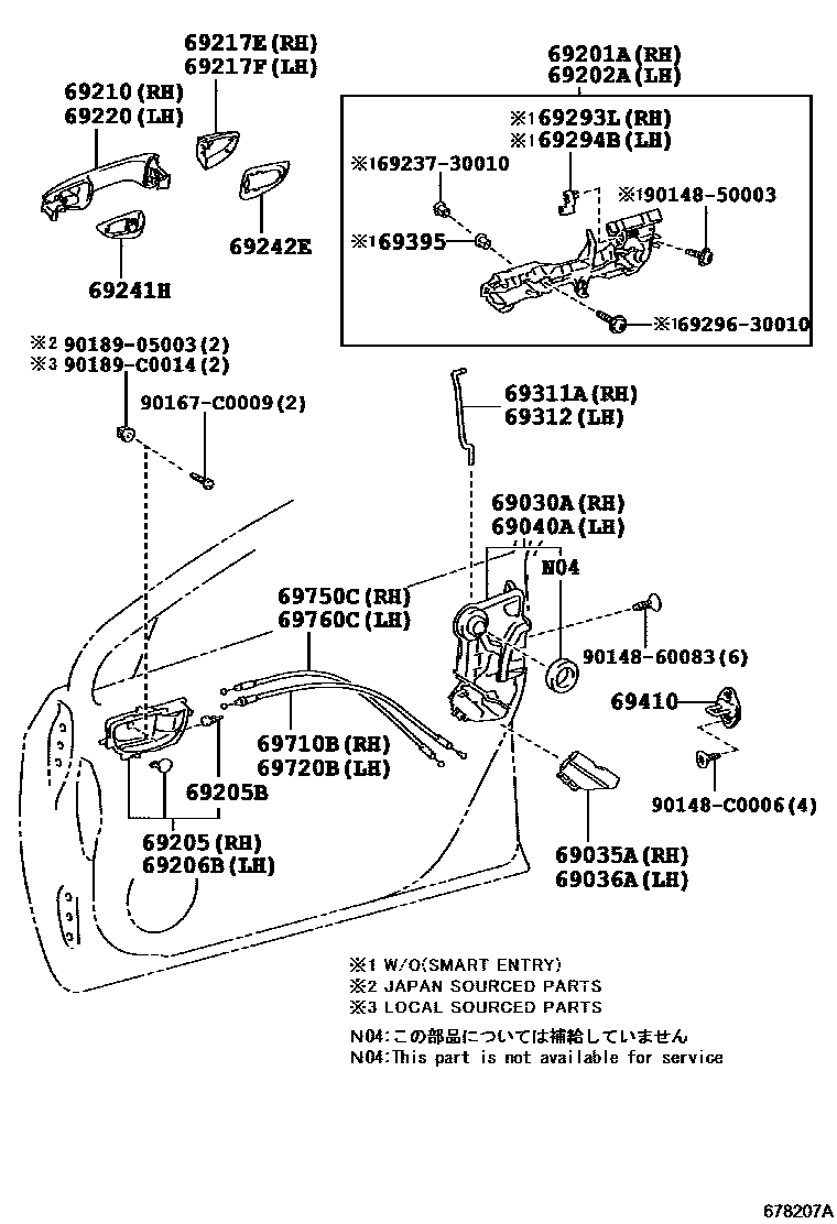Toyota COROLLA 前门锁和车门把手 EPC diagram — 678207A
