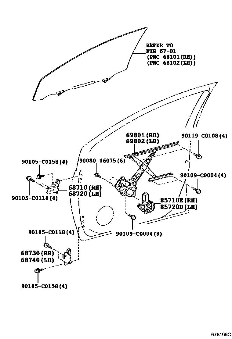 Toyota COROLLA 前门车窗升降器和合页 EPC diagram — 678196C