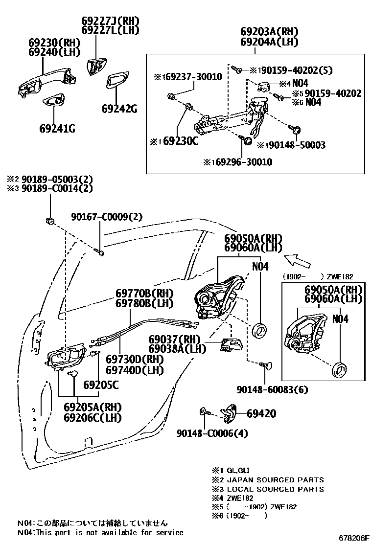 Toyota COROLLA 后门锁和后门把手 EPC diagram — 678206F