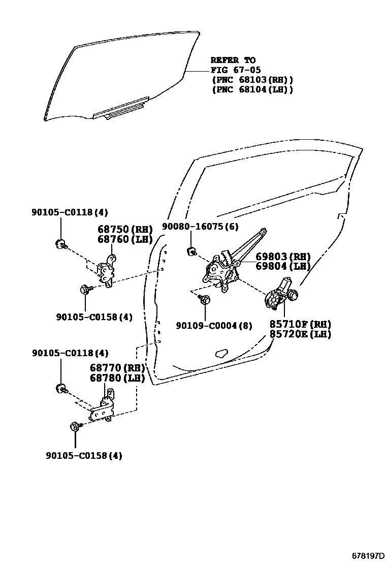 Toyota COROLLA 后门车窗升降器和合页 EPC diagram — 678197D
