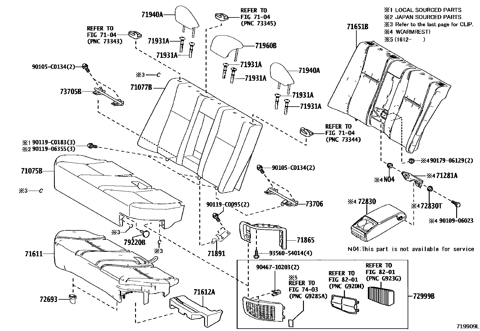 Toyota COROLLA 后排座椅和座椅滑轨 EPC diagram — 719909L