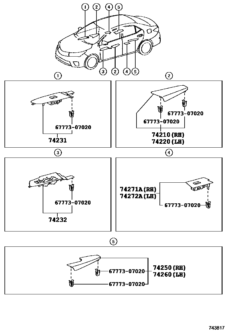 Toyota COROLLA 扶手和遮阳板 EPC diagram — 743817