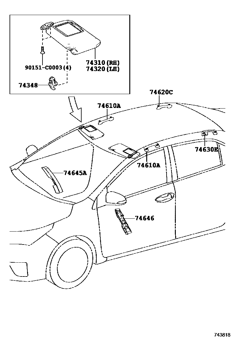 Toyota COROLLA 扶手和遮阳板 EPC diagram — 743818