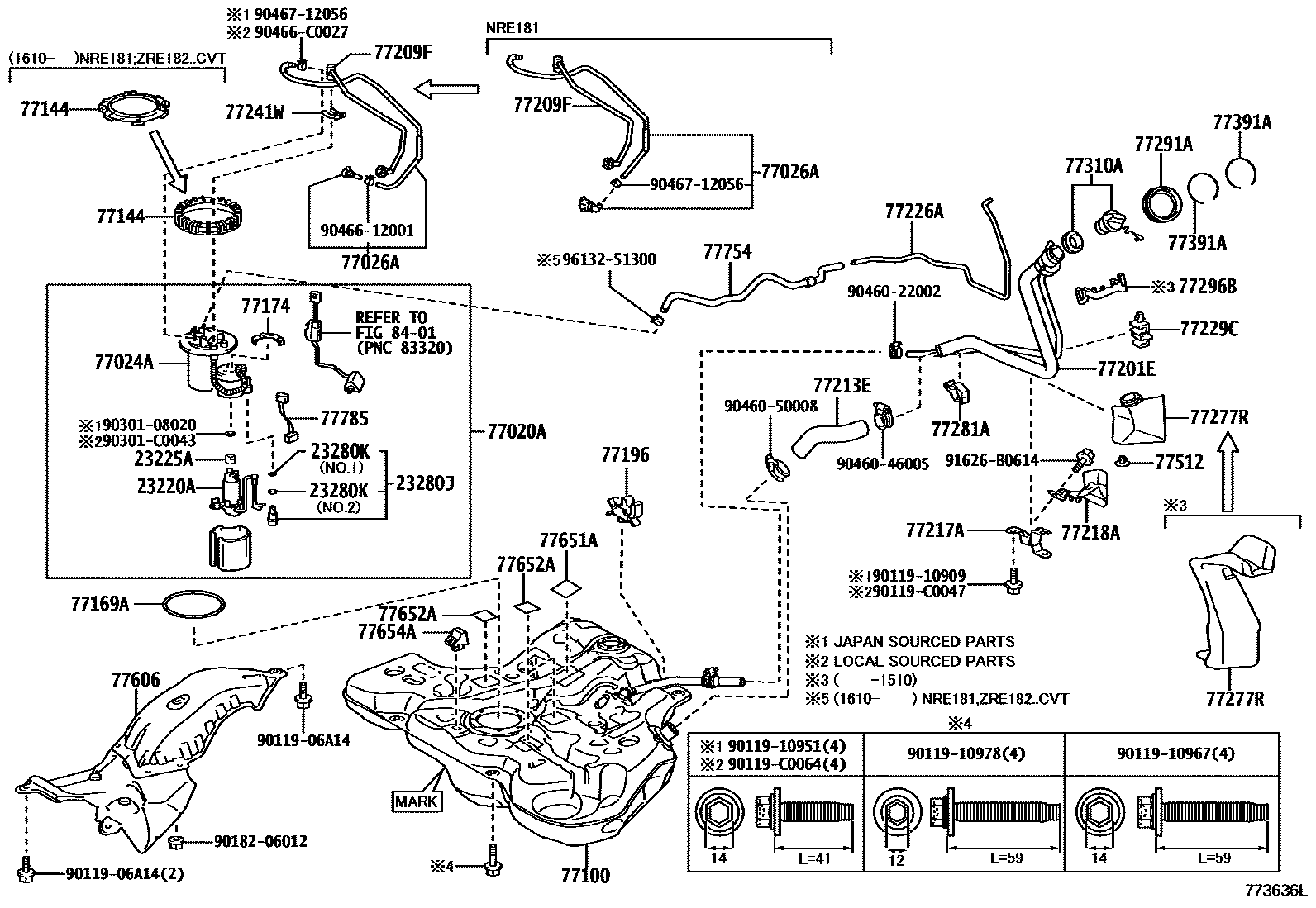 Toyota COROLLA 燃油箱和燃油管 EPC diagram — 773636L