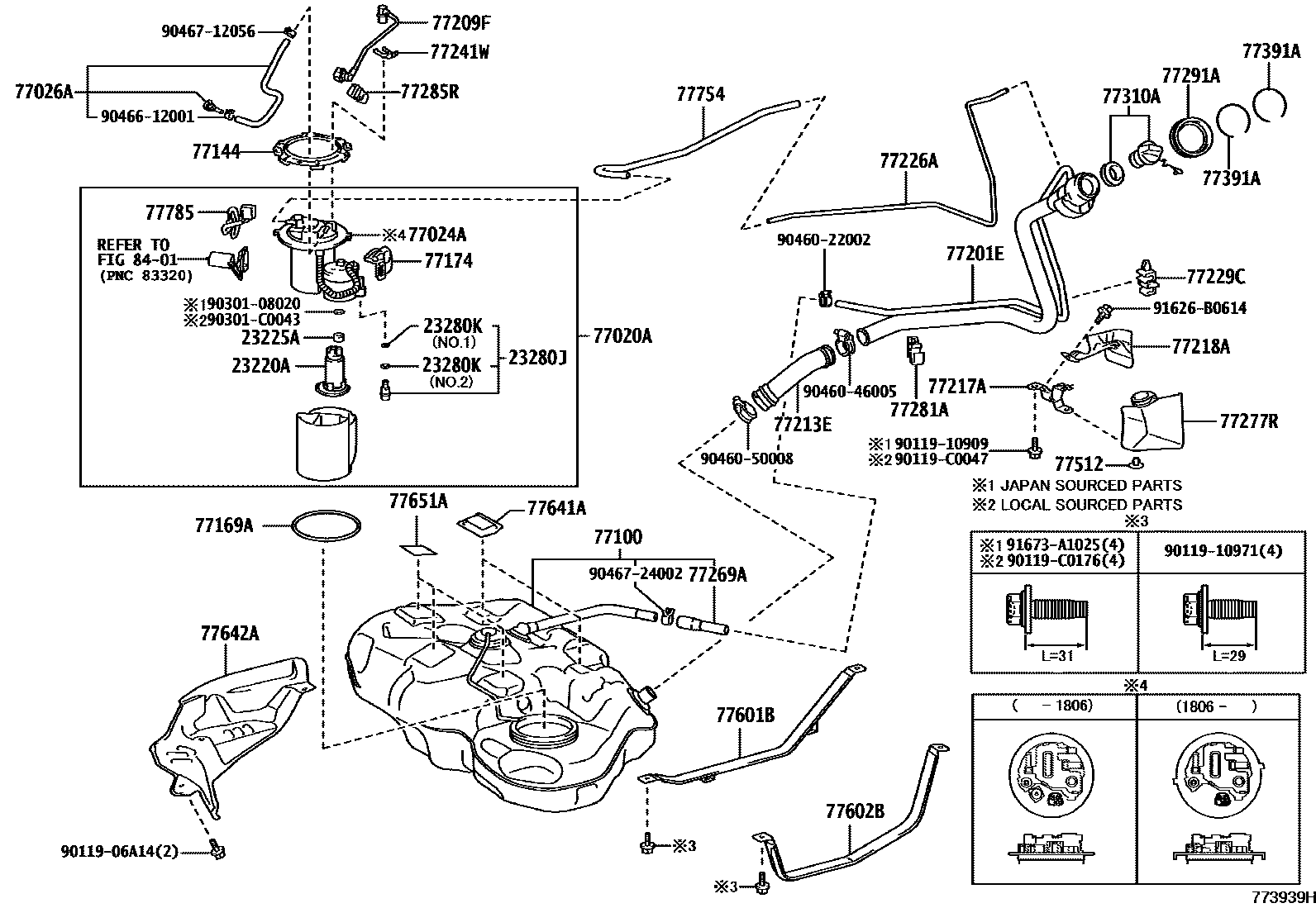 Toyota COROLLA 燃油箱和燃油管 EPC diagram — 773939H