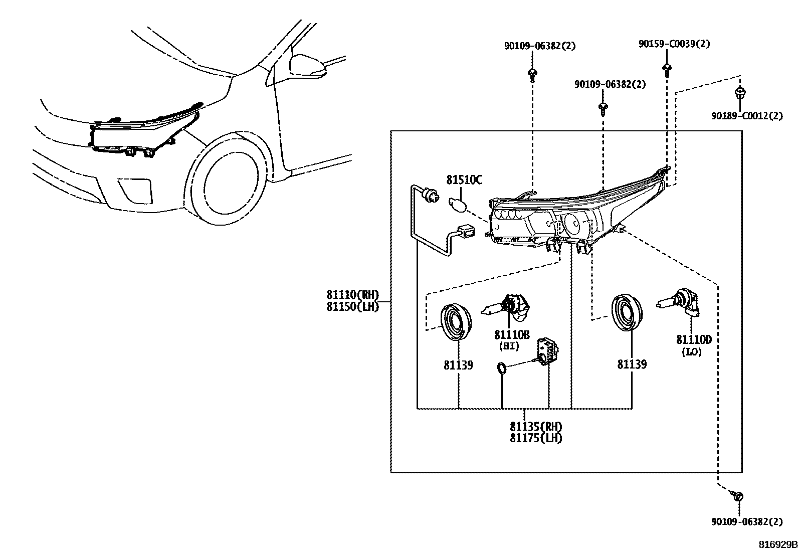 Toyota COROLLA Headlamp EPC diagram — 816929B