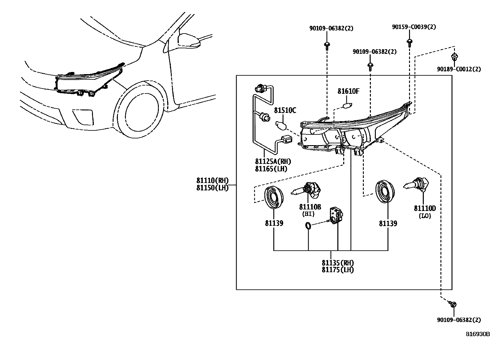 Toyota COROLLA Headlamp EPC diagram — 816930B