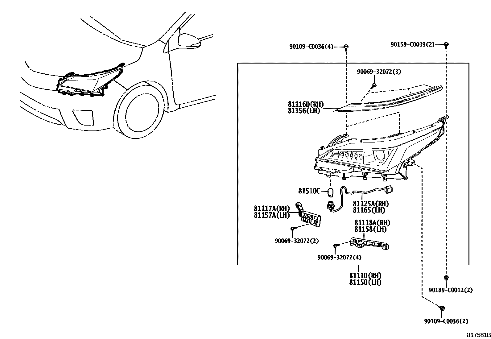 Toyota COROLLA Headlamp EPC diagram — 817581B