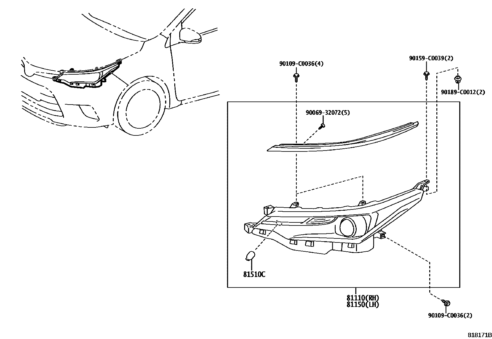 Toyota COROLLA Headlamp EPC diagram — 818171B