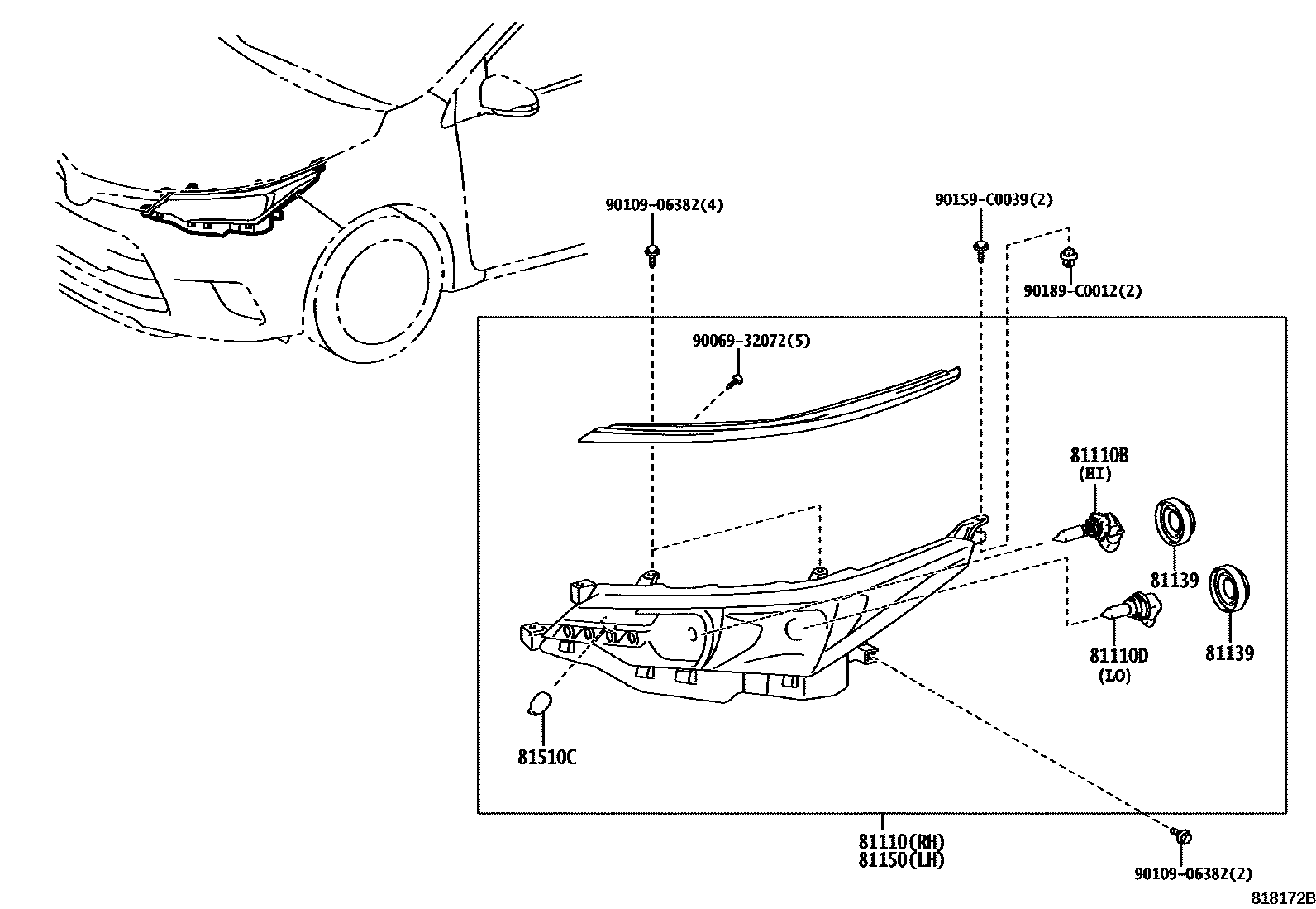 Toyota COROLLA Headlamp EPC diagram — 818172B