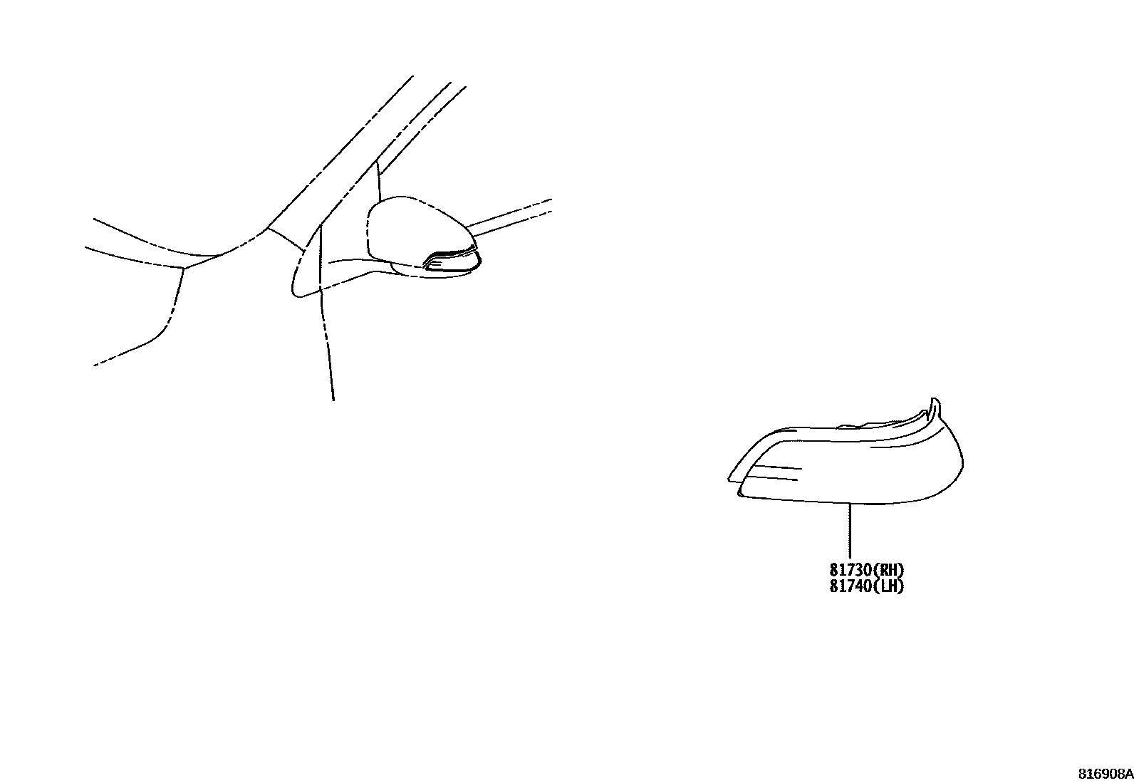 Toyota COROLLA Side Turn Signal & Outer Mirror Lamp EPC diagram — 816908A