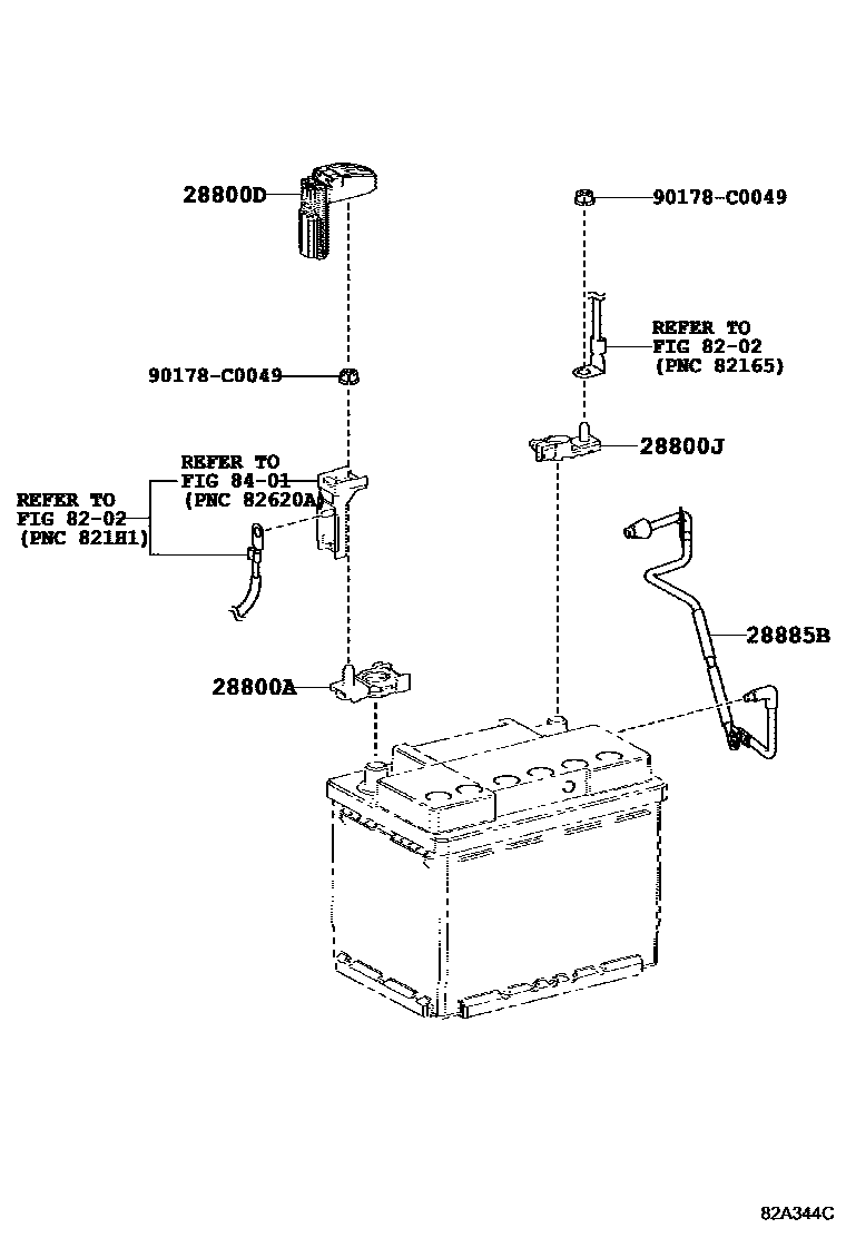 Toyota COROLLA 蓄电池和蓄电池电缆 EPC diagram — 82A344C