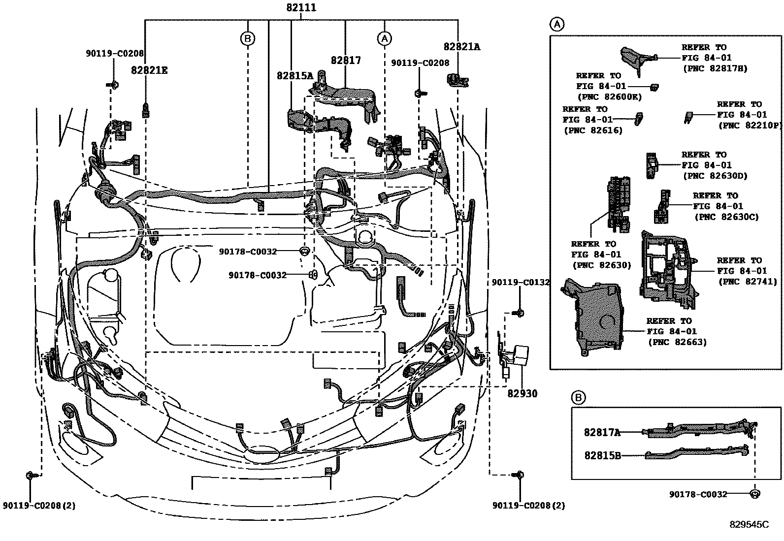 Toyota COROLLA 线束和卡夹 EPC diagram — 829545C