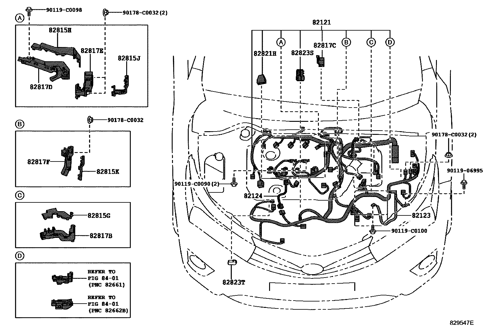 Toyota COROLLA 线束和卡夹 EPC diagram — 829547E