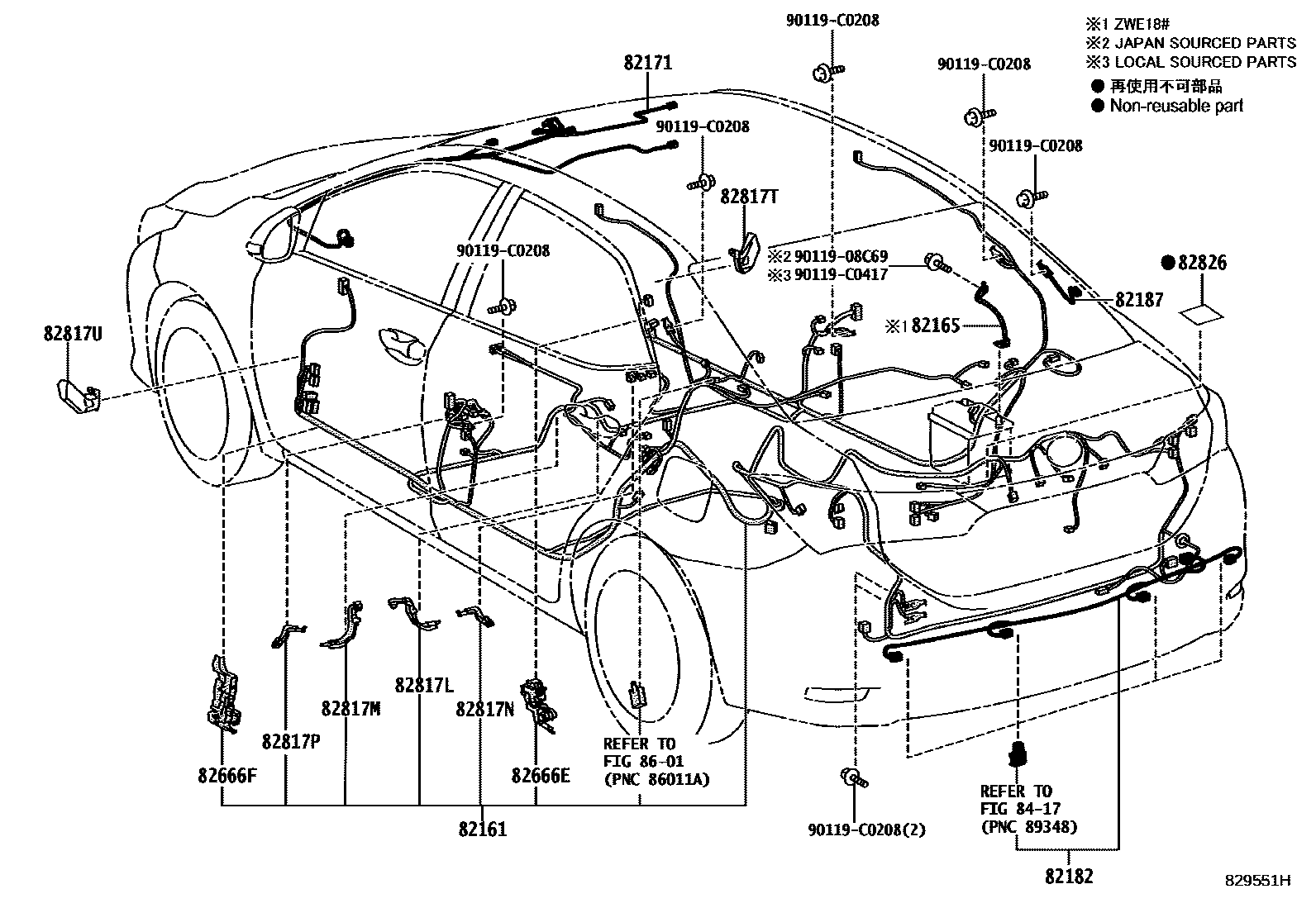 Toyota COROLLA 线束和卡夹 EPC diagram — 829551H