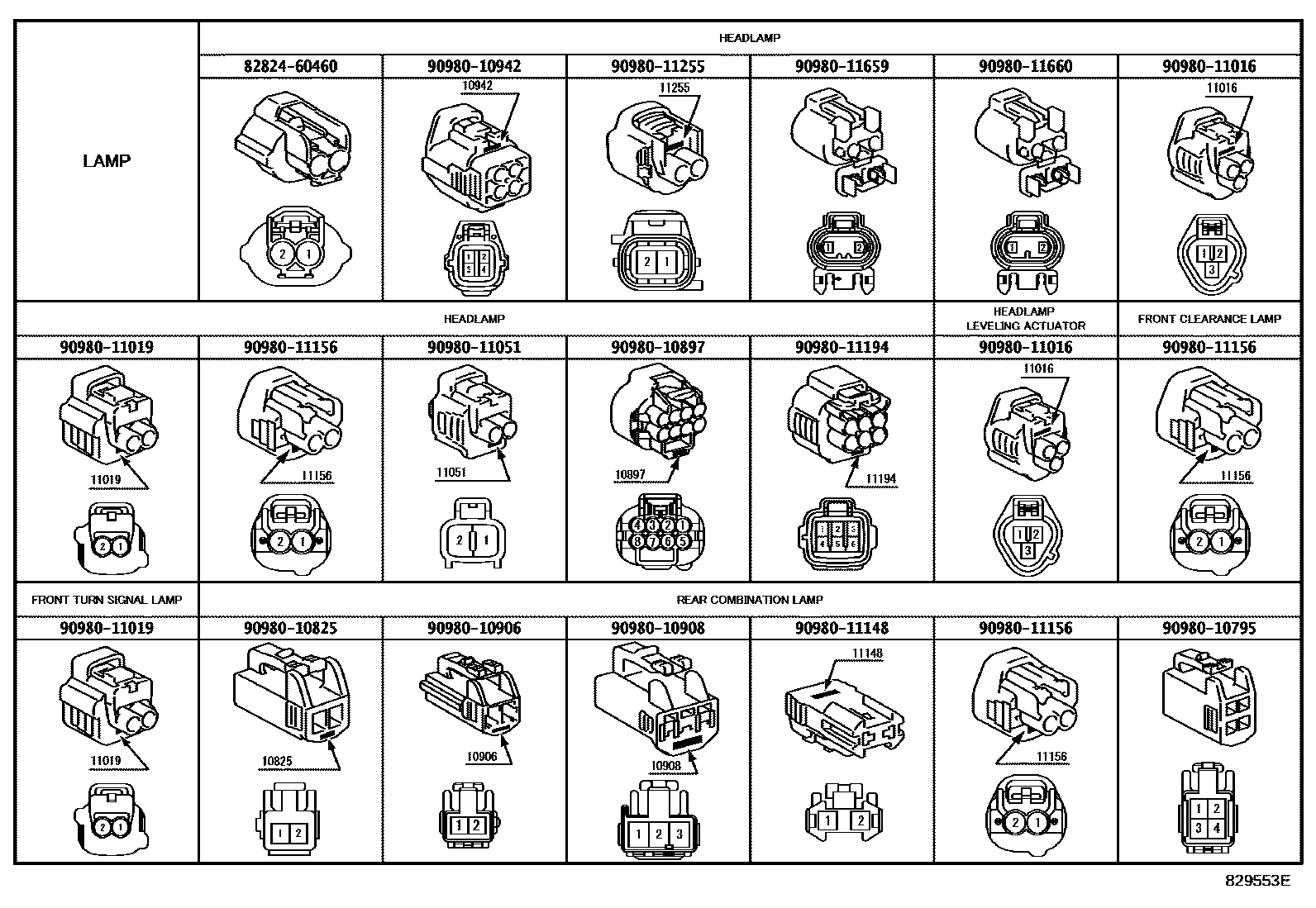 Toyota COROLLA 线束和卡夹 EPC diagram — 829553E
