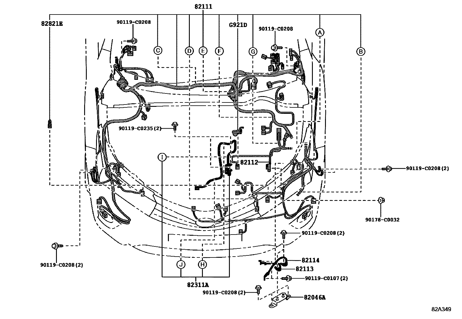 Toyota COROLLA 线束和卡夹 EPC diagram — 82A349