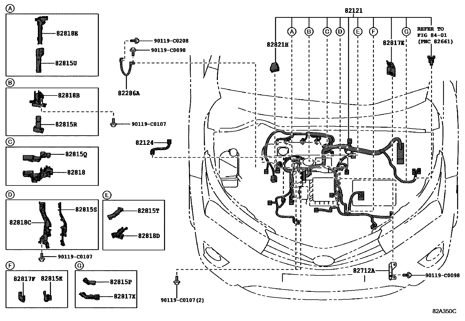 Toyota COROLLA 线束和卡夹 EPC diagram — 82A350C