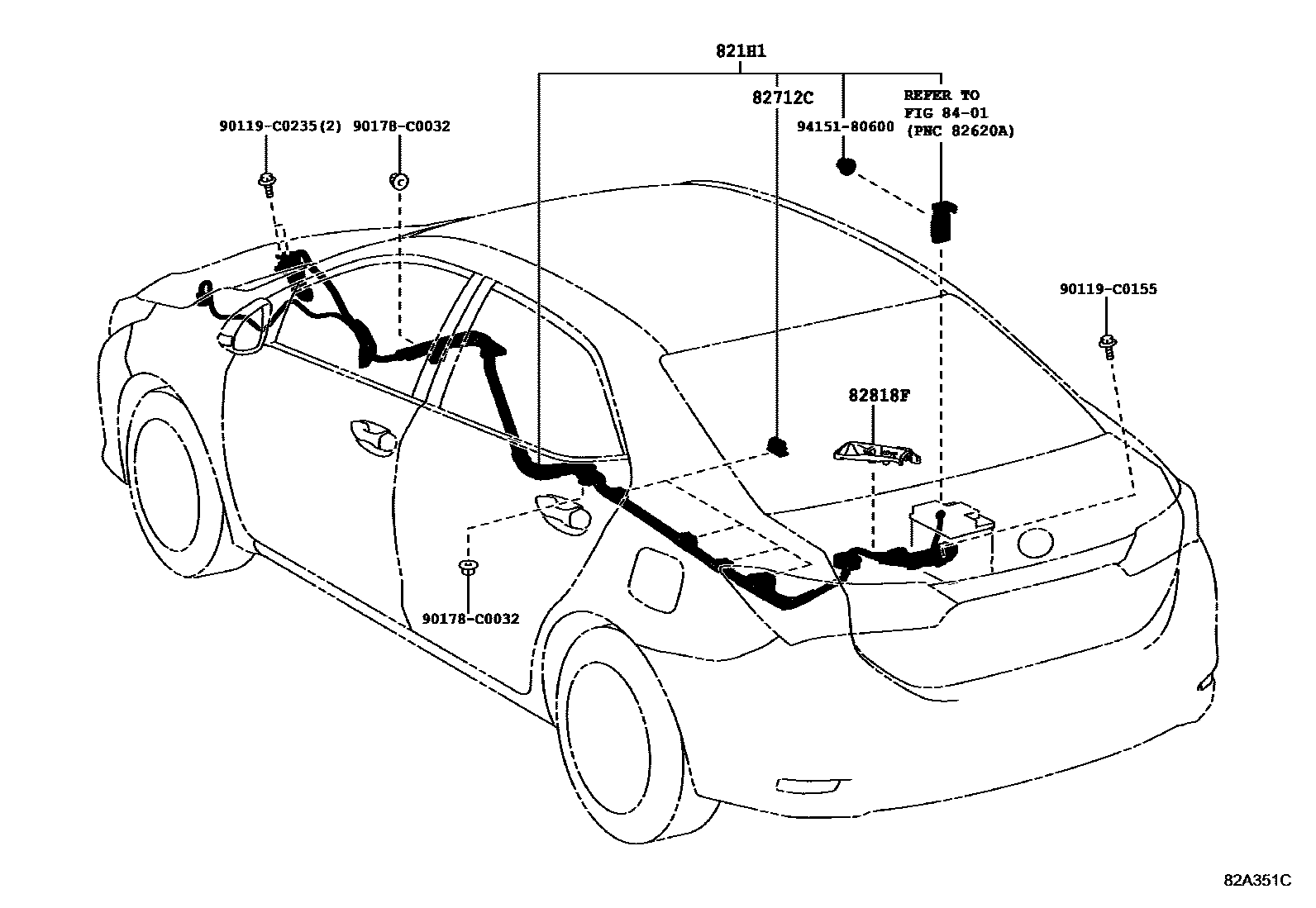 Toyota COROLLA 线束和卡夹 EPC diagram — 82A351C