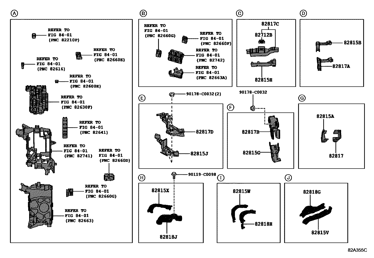 Toyota COROLLA 线束和卡夹 EPC diagram — 82A355C