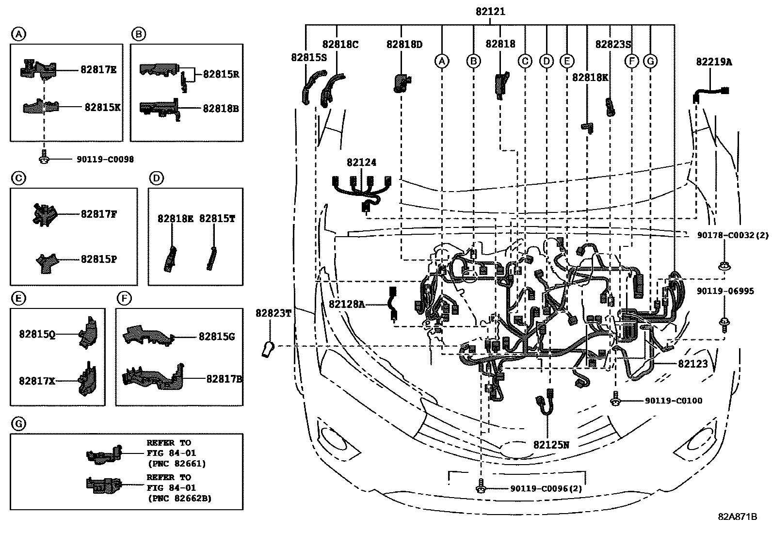 Toyota COROLLA 线束和卡夹 EPC diagram — 82A871B
