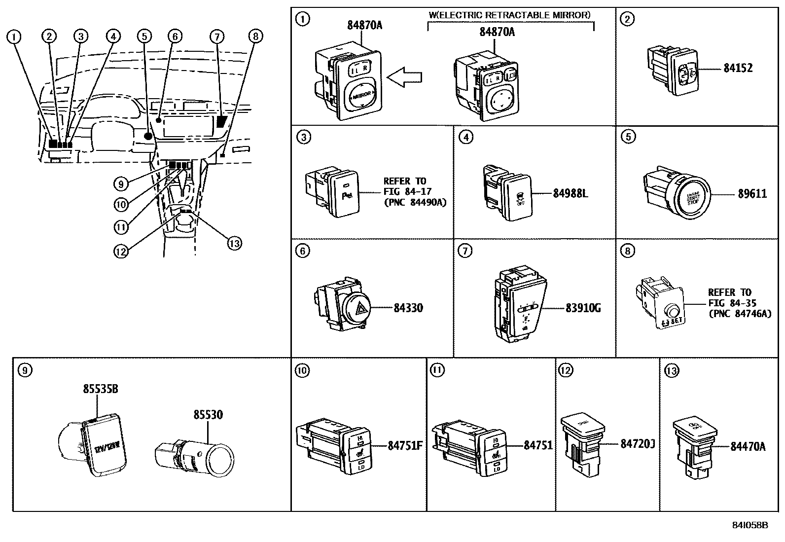 Toyota COROLLA 开关和继电器和ECU EPC diagram — 84I058B