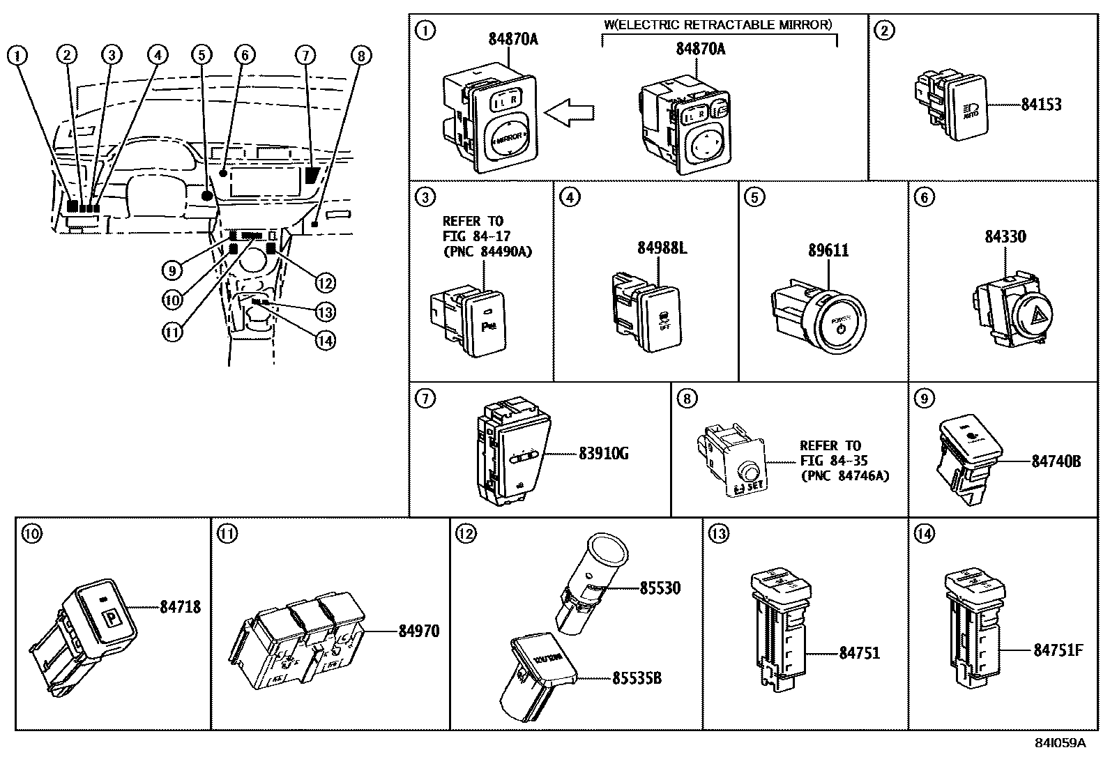Toyota COROLLA 开关和继电器和ECU EPC diagram — 84I059A