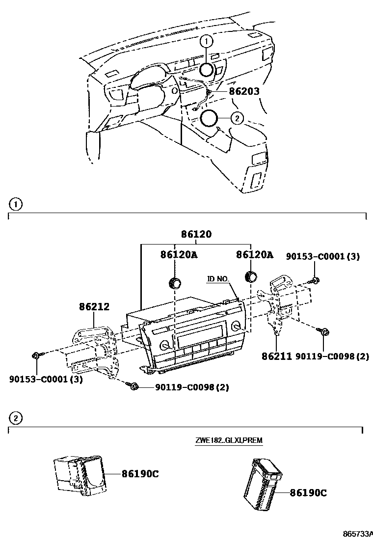 Toyota COROLLA 收音机、放大器和冷凝器 EPC diagram — 865733A