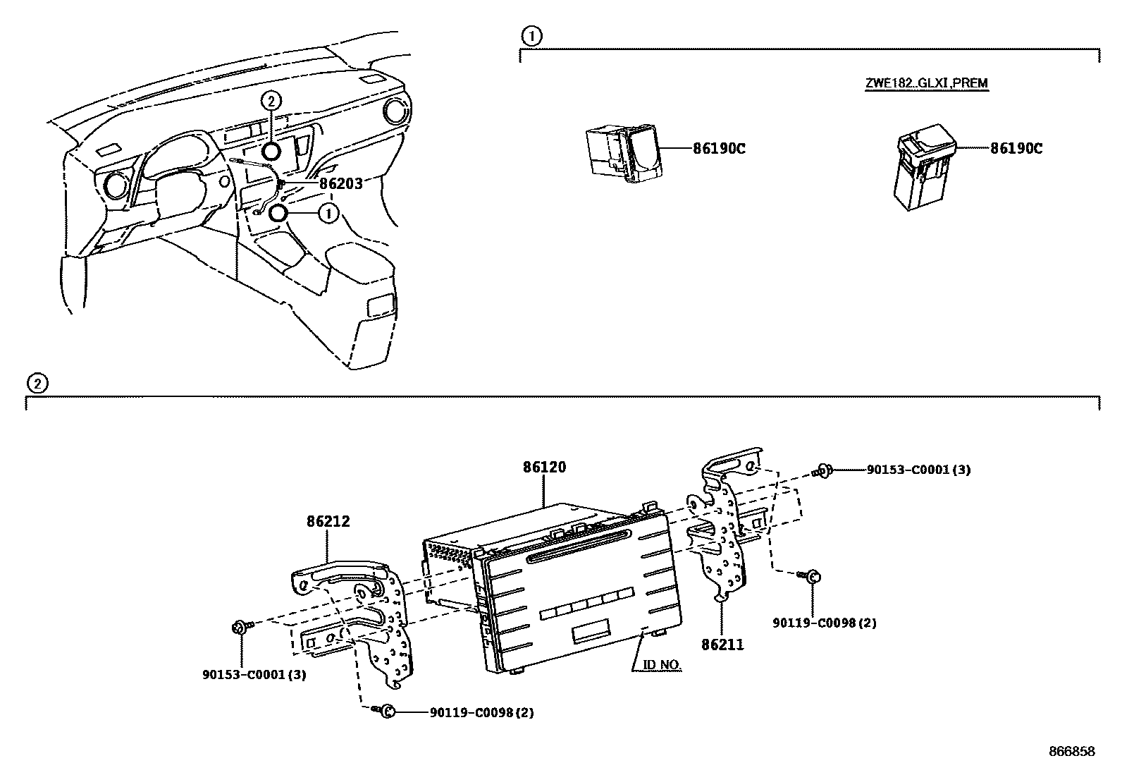 Toyota COROLLA 收音机、放大器和冷凝器 EPC diagram — 866858