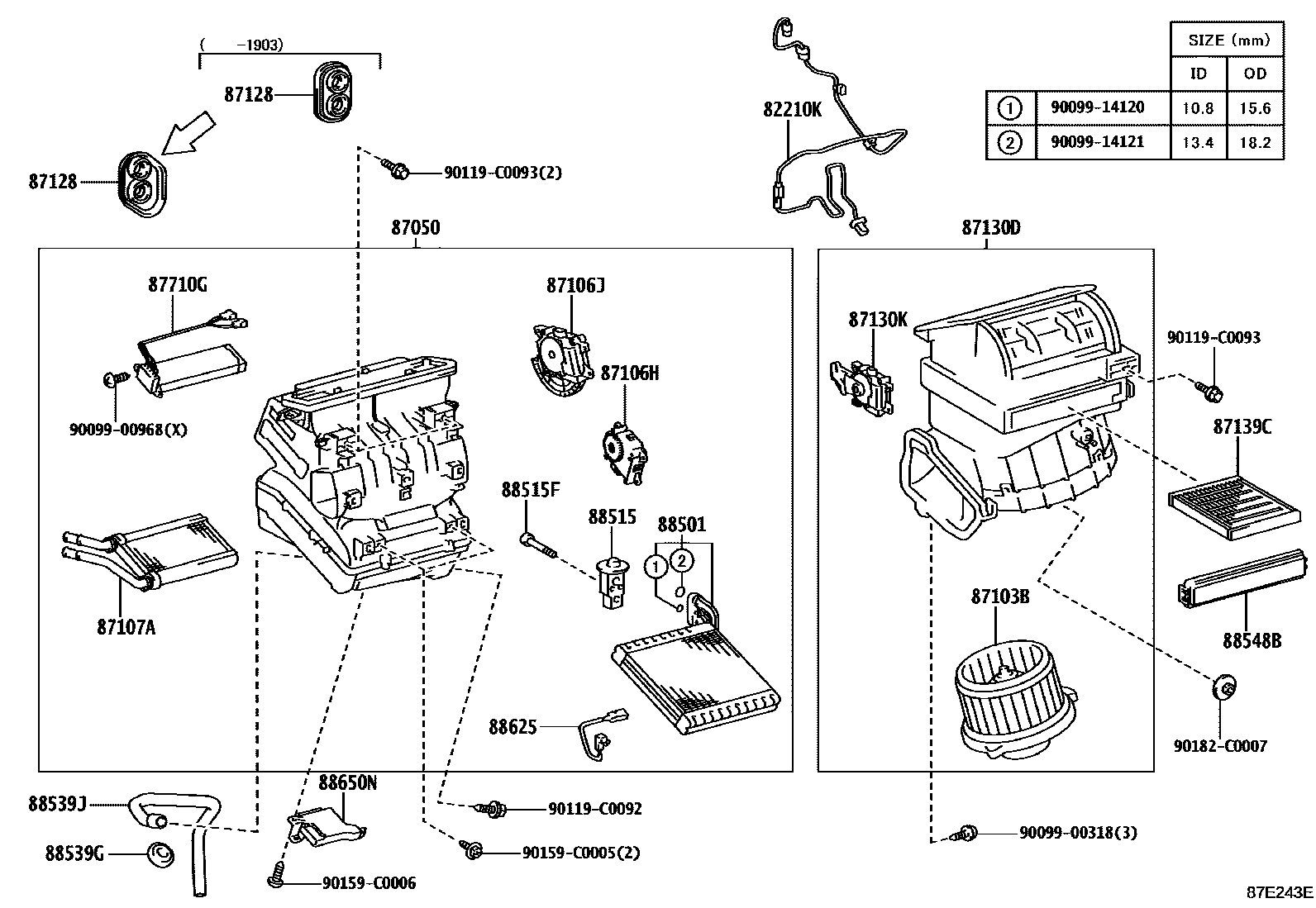 Toyota COROLLA 暖风和空调系统 - 冷却器组件 EPC diagram — 87E243E