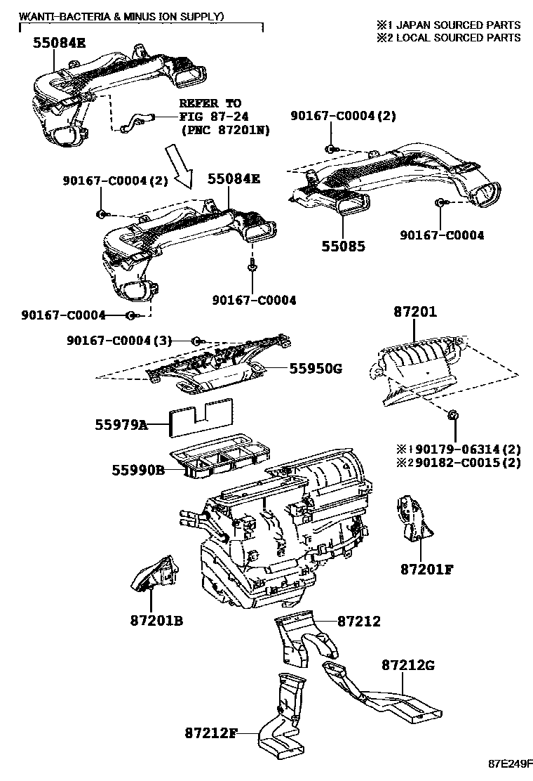 Toyota COROLLA 暖风和空调系统 - 控制器和风管 EPC diagram — 87E249F