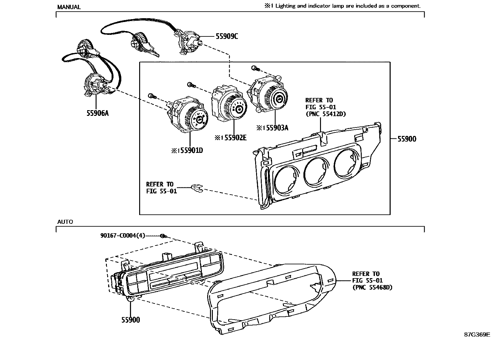 Toyota COROLLA 暖风和空调系统 - 控制器和风管 EPC diagram — 87G369E