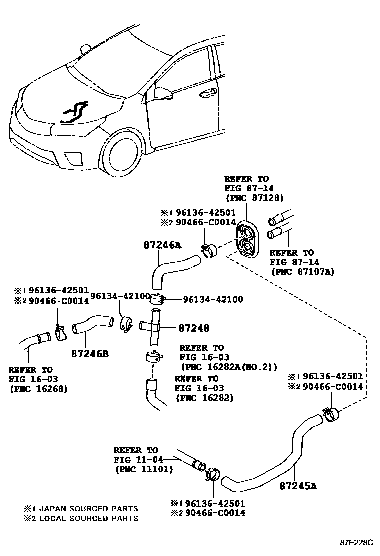 Toyota COROLLA 暖风和空调系统 - 水管 EPC diagram — 87E228C