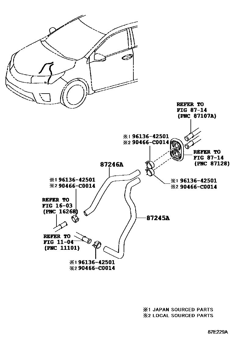 Toyota COROLLA 暖风和空调系统 - 水管 EPC diagram — 87E229A