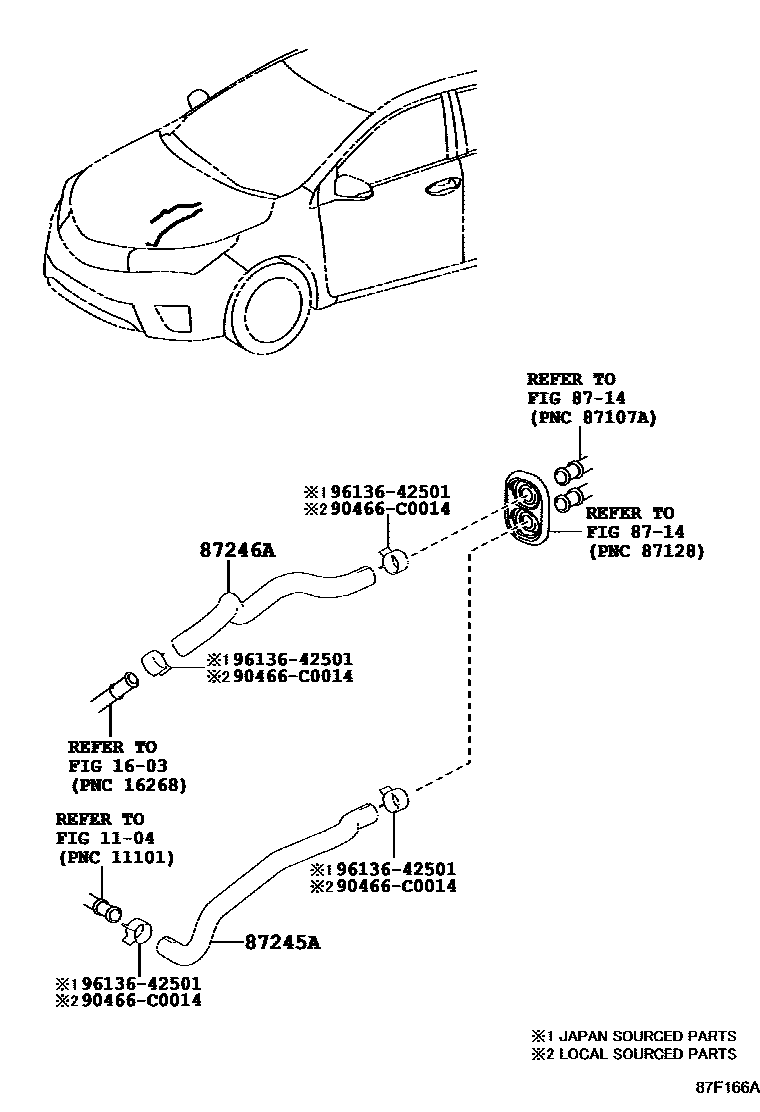 Toyota COROLLA 暖风和空调系统 - 水管 EPC diagram — 87F166A