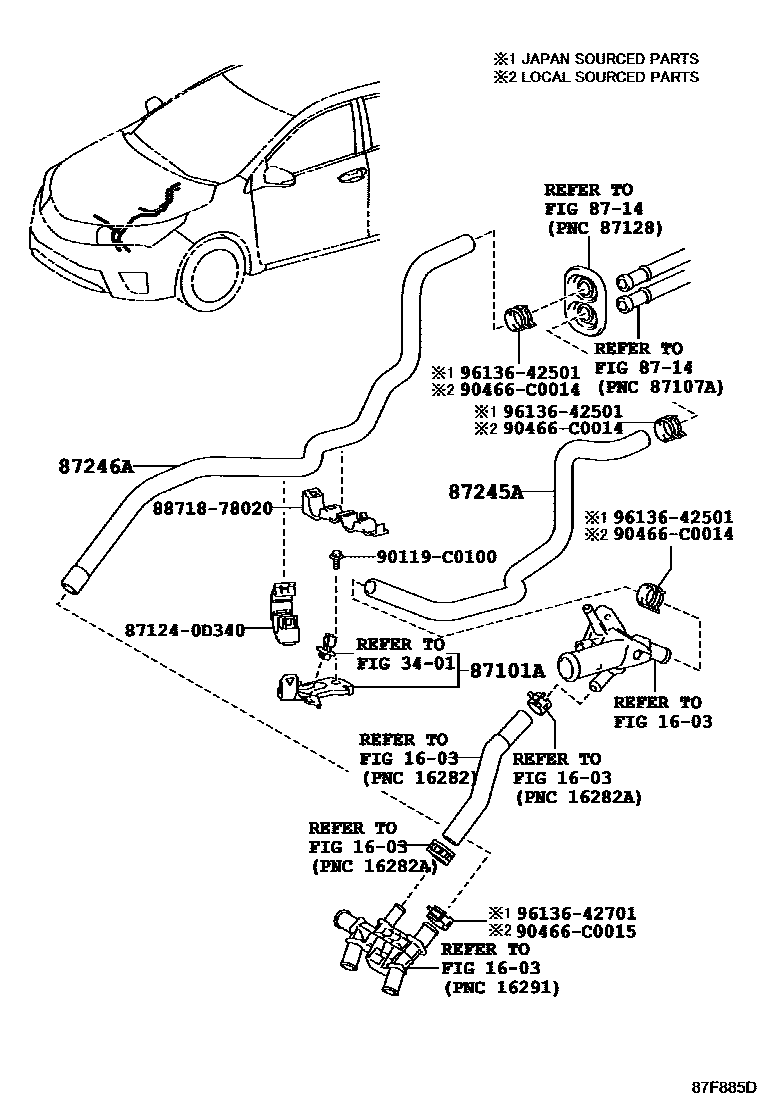 Toyota COROLLA 暖风和空调系统 - 水管 EPC diagram — 87F885D