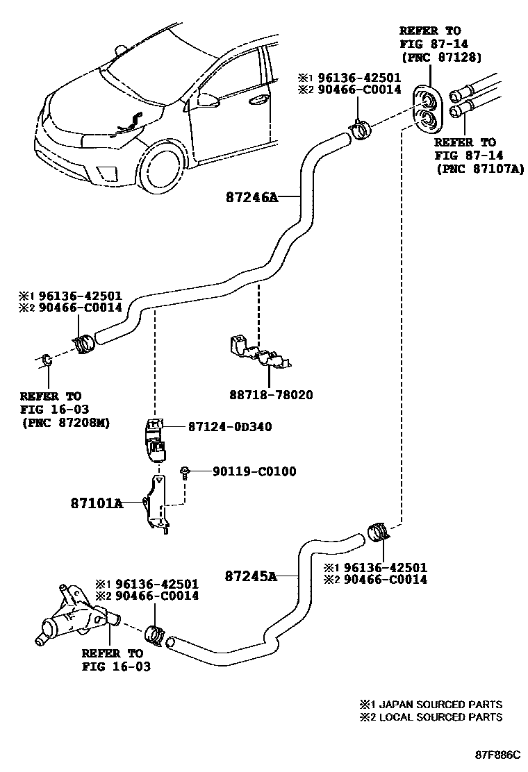 Toyota COROLLA 暖风和空调系统 - 水管 EPC diagram — 87F886C