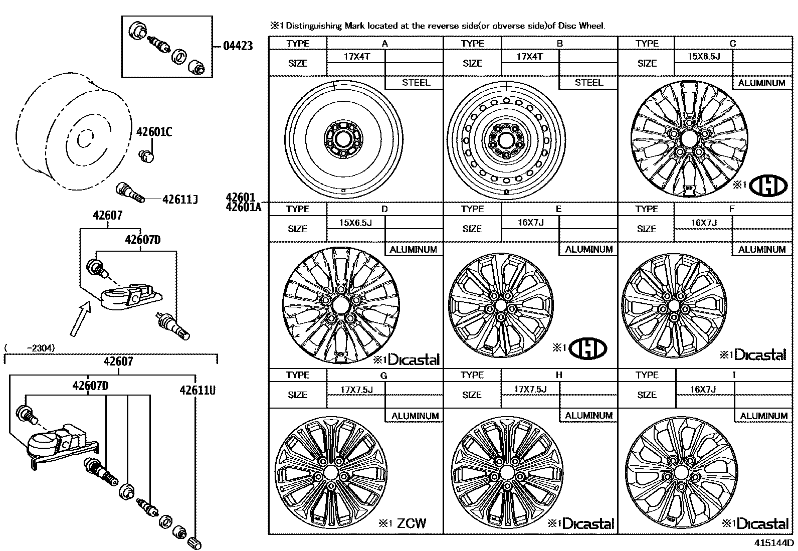 Toyota COROLLA 车轮和车轮盖 EPC diagram — 415144D