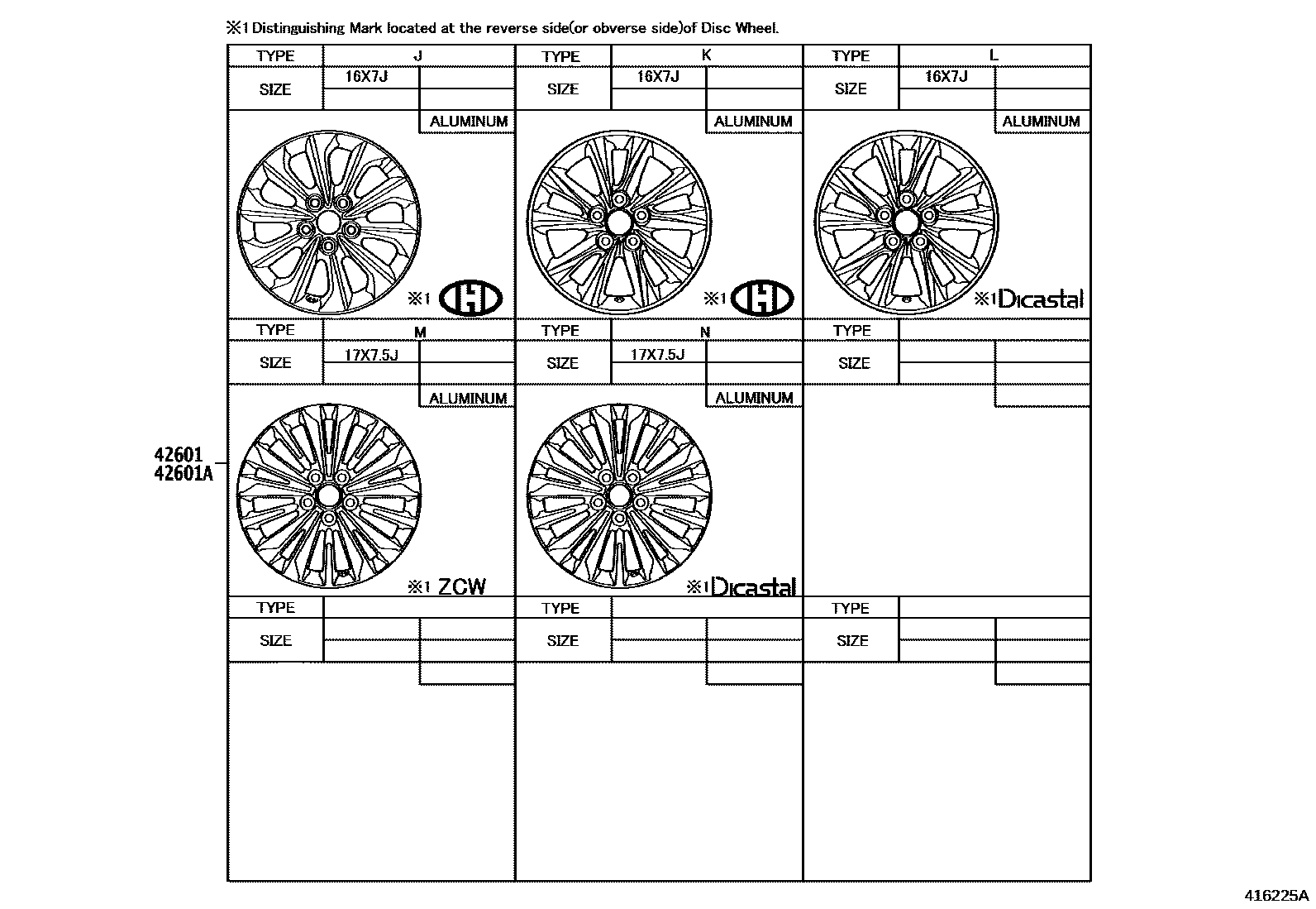 Toyota COROLLA 车轮和车轮盖 EPC diagram — 416225A