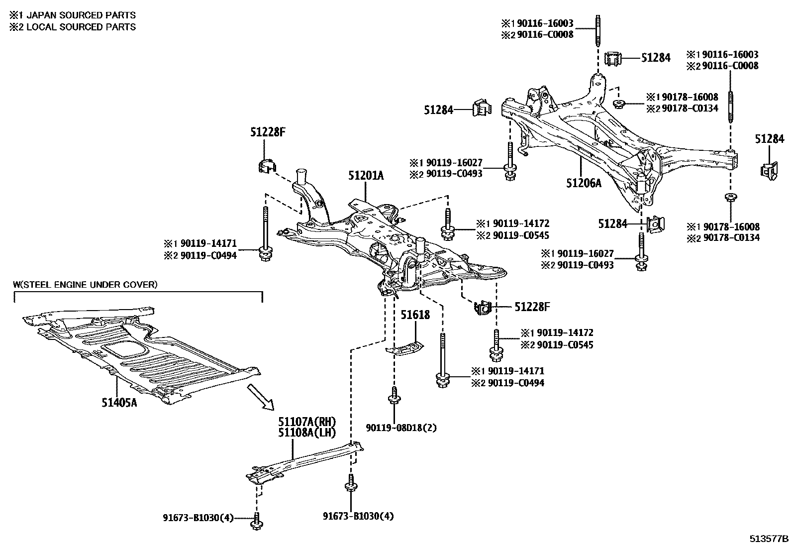 Toyota COROLLA 悬架横梁和发动机底罩 EPC diagram — 513577B