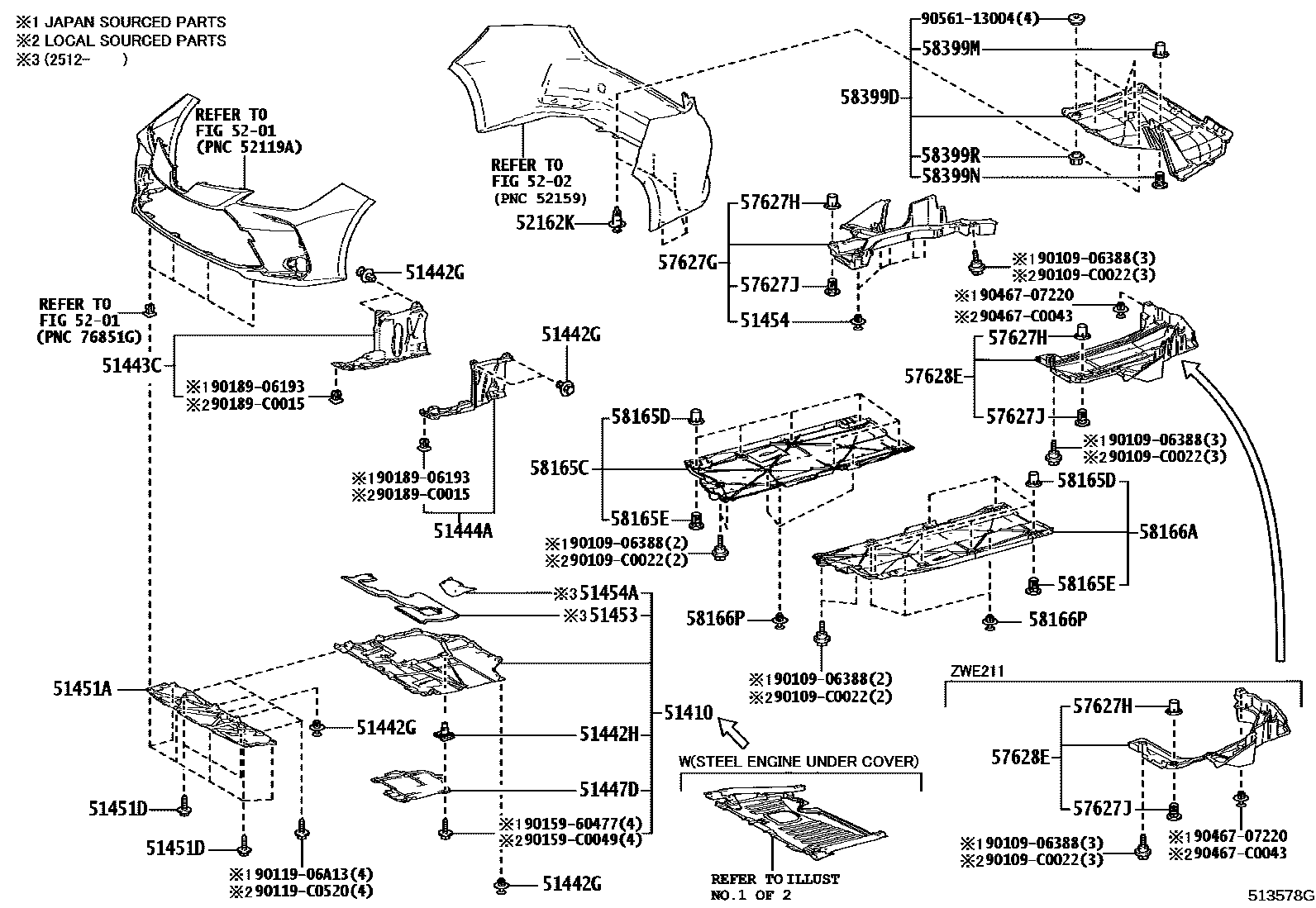 Toyota COROLLA 悬架横梁和发动机底罩 EPC diagram — 513578G
