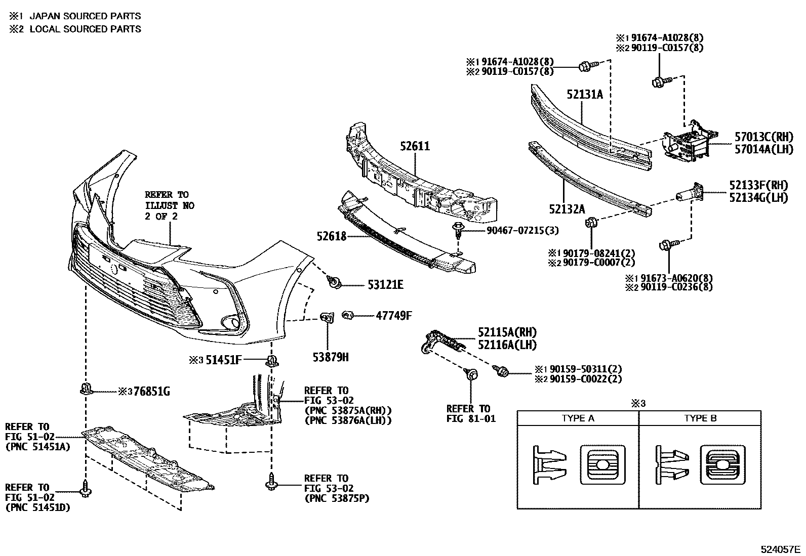 Toyota COROLLA 前保险杠及附件 EPC diagram — 524057E