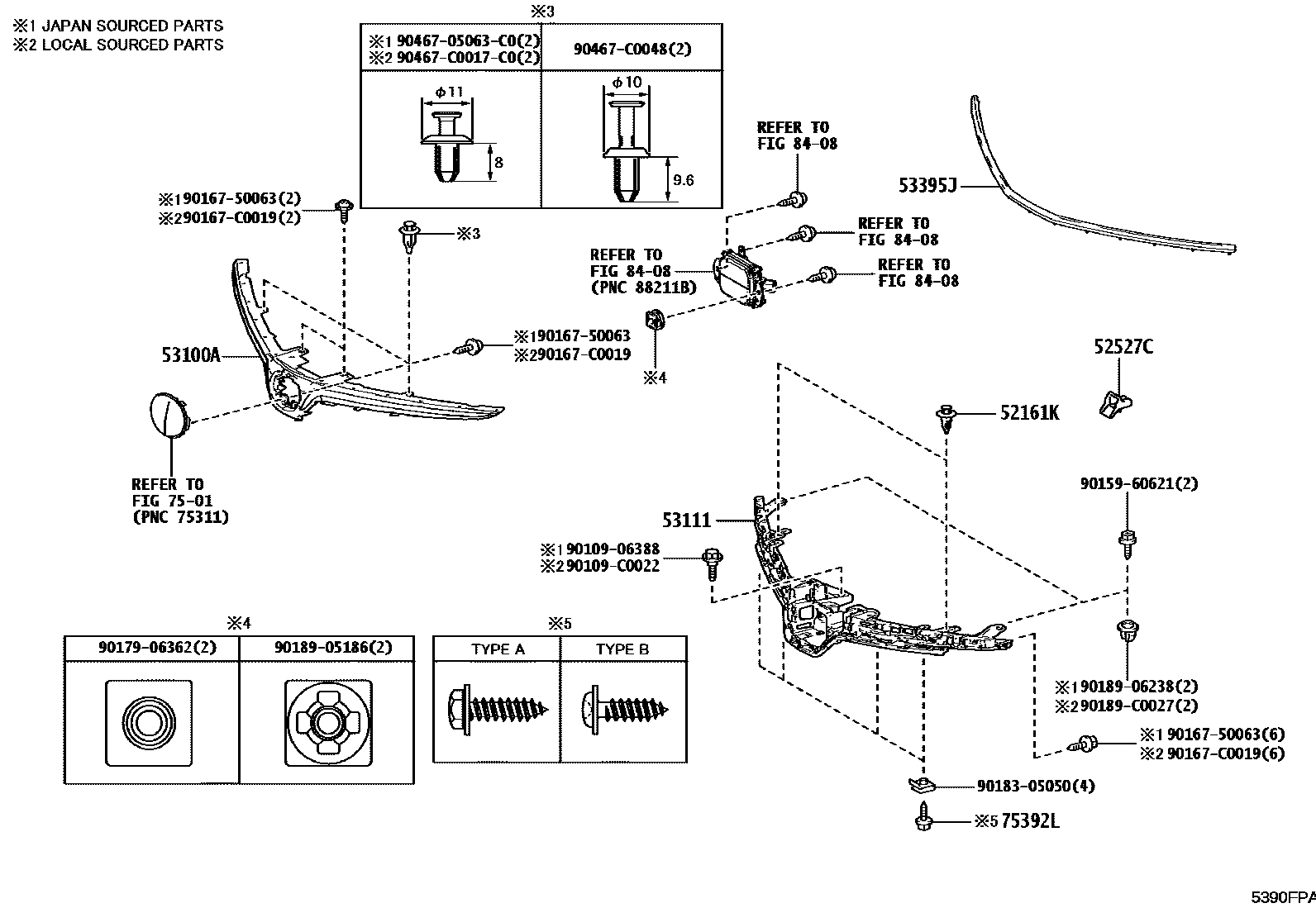 Toyota COROLLA radiator grille EPC diagram — 5390FPA